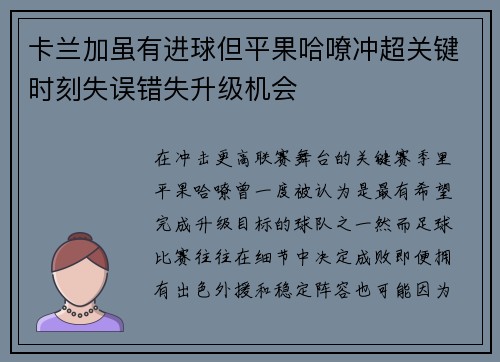 卡兰加虽有进球但平果哈嘹冲超关键时刻失误错失升级机会 卡兰加虽有进球但平果哈嘹冲超关键时刻失误错失升级机会