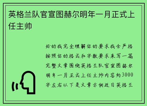 英格兰队官宣图赫尔明年一月正式上任主帅 英格兰队官宣图赫尔明年一月正式上任主帅