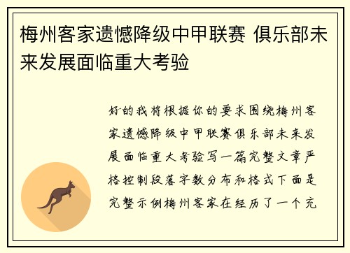 梅州客家遗憾降级中甲联赛 俱乐部未来发展面临重大考验 梅州客家遗憾降级中甲联赛 俱乐部未来发展面临重大考验