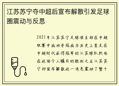 江苏苏宁夺中超后宣布解散引发足球圈震动与反思